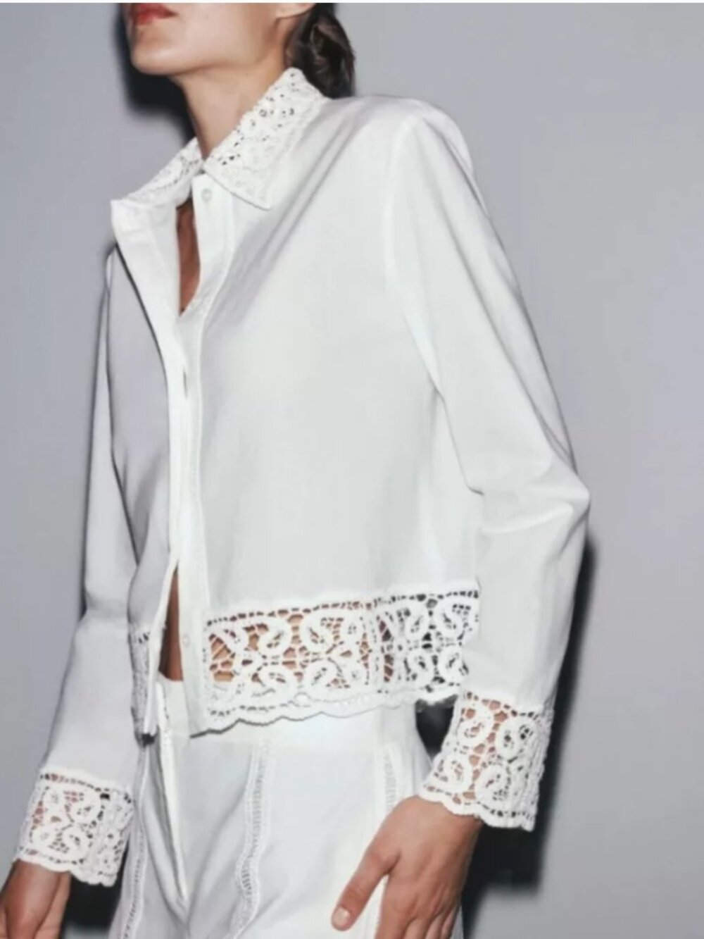 NWT Zara Lace-Trim Cotton Button-Up Shirt White S